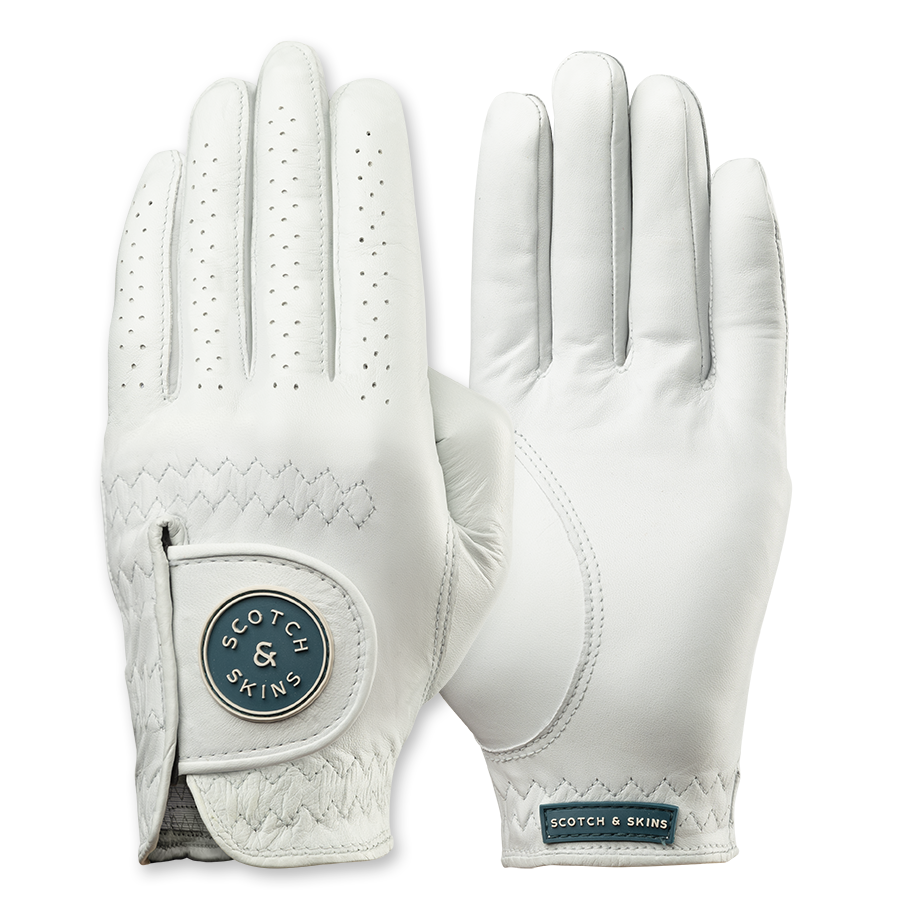 Bone White and Burn Blue golf glove front and back